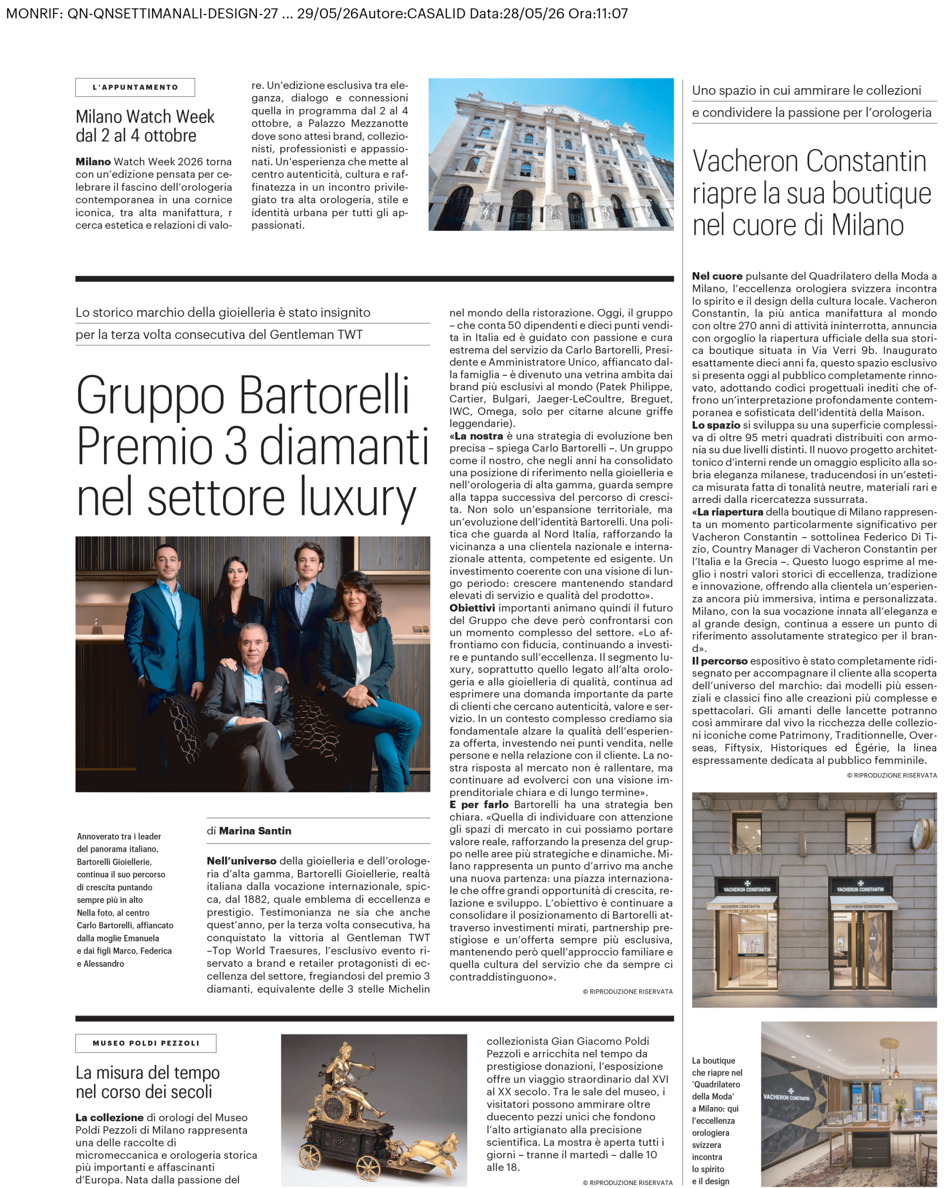 Gruppo Bartorelli Premio 3 diamanti nel settore luxury