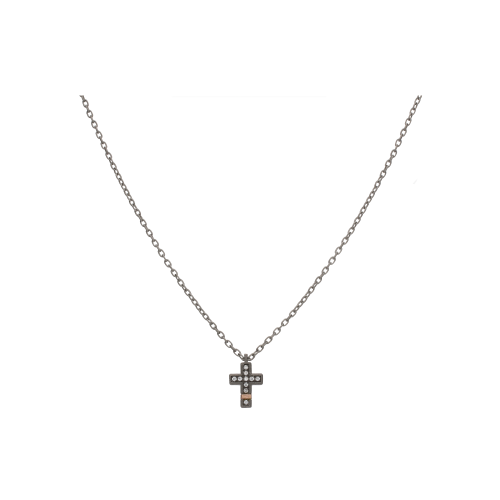 Accedi al prodotto correlato Mano | J . COLLANA UOMO MINIMAL IN TITANIO E ORO ROSA CON CROCE PICCOLA, DIAMANTI BIANCHI E UN DIAMANTE BLACK - MINPENTWRGCROP - MINPENTWRGCROP