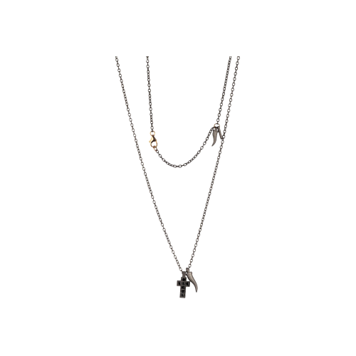 Accedi alla scheda di Mano | J . COLLANA DA UOMO MINIMAL IN TITANIO, CORNETTO PENDENTE E UNA CROCE INCASSATA CON DIAMANTI BLACK - CATSMGIRTBCROLH