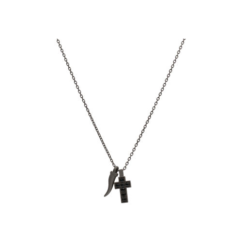 Accedi alla scheda di Mano | J . COLLANA MINIMAL IN TITANIO CON CROCE INCASSATA DIAMANTI BLACK E MOSCHETTONE IN ORO ROSSO - MINPENT7BCROHO