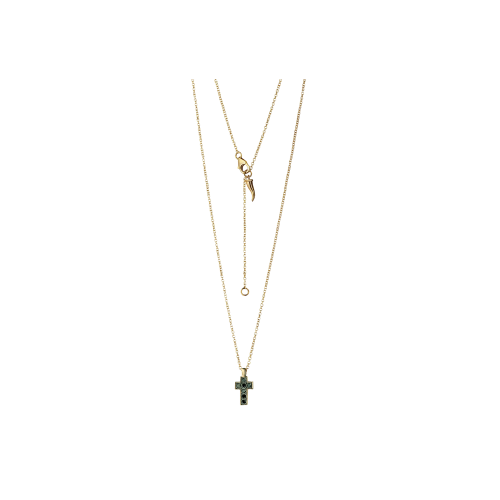 Accedi alla scheda di Mano | J . COLLANA MINIMAL IN ORO GIALLO CON CROCE PICCOLA E CORNETTO BIG, E DIAMANTI NERI - MINPEN7BCROGHO9KT