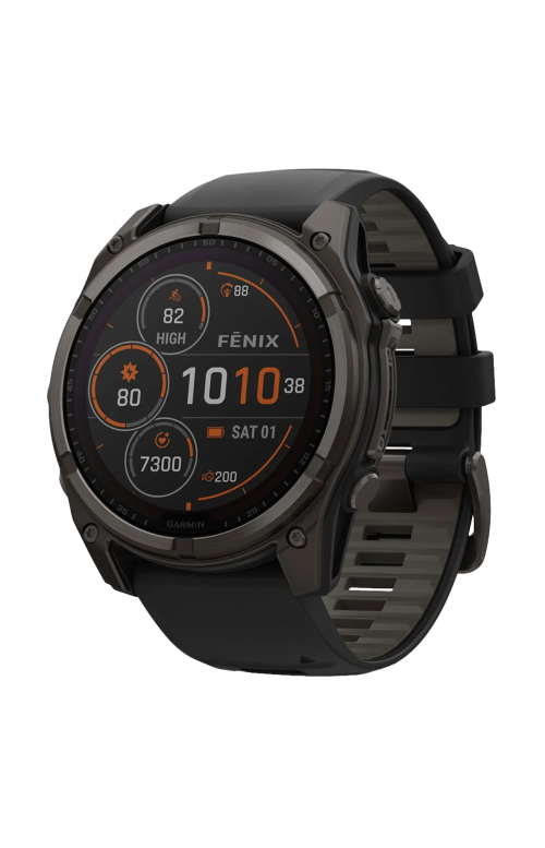 Accedi alla scheda di Garmin FĒNIX&reg; 8 - 51 MM, SOLAR, SAPPHIRE, TITANIO, CARBON GRAY DLC CON CINTURINO IN SILICONE BLACK/PEBBLE GREY - 010-02907-11