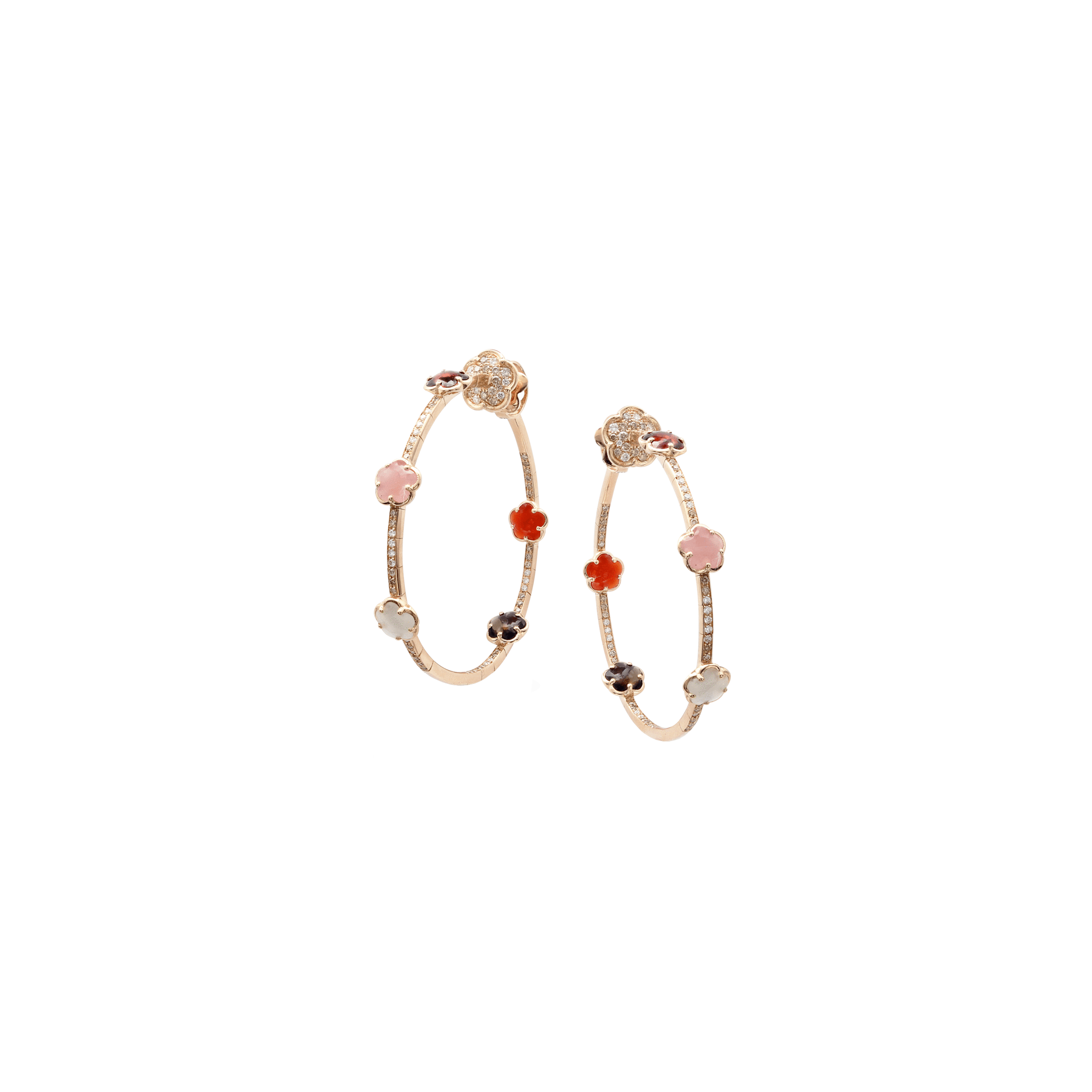 Pasquale Bruni | ORECCHINI FIGLIA DEI FIORI IN ORO ROSA CON CALCEDONIO ROSA, GRANATO ROSSO, PIETRA DI LUNA, QUARZO FUM&Egrave;, CORNIOLA, DIAMANTI BIANCHI E CHAMPAGNE - 16004R - 16004R (1)