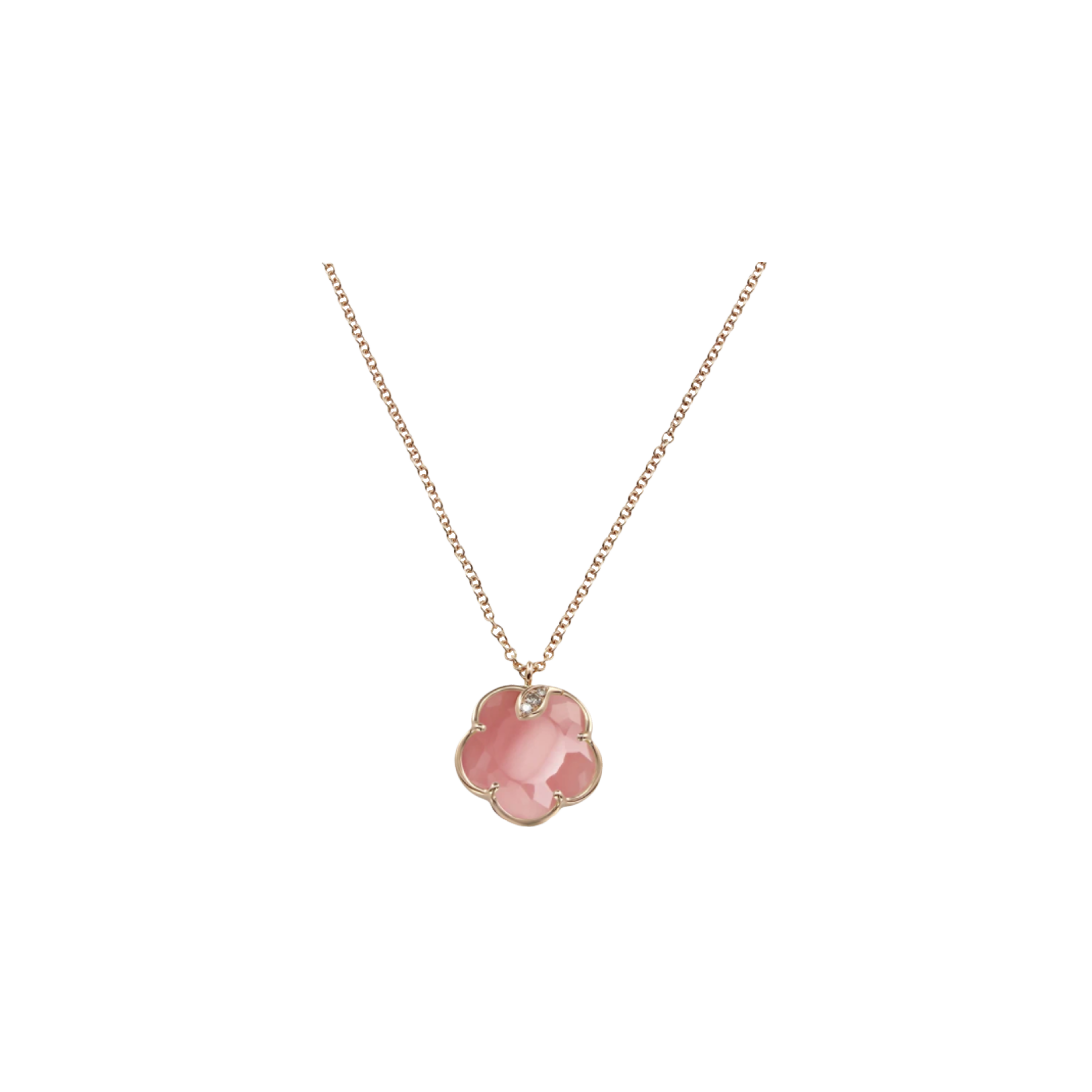 Pasquale Bruni | COLLANA PETIT JOLI IN ORO ROSA CON FIORE IN CALCEDONIO ROSA, DIAMANTI BIANCHI E CHAMPAGNE - 16139R - 16139R (1)