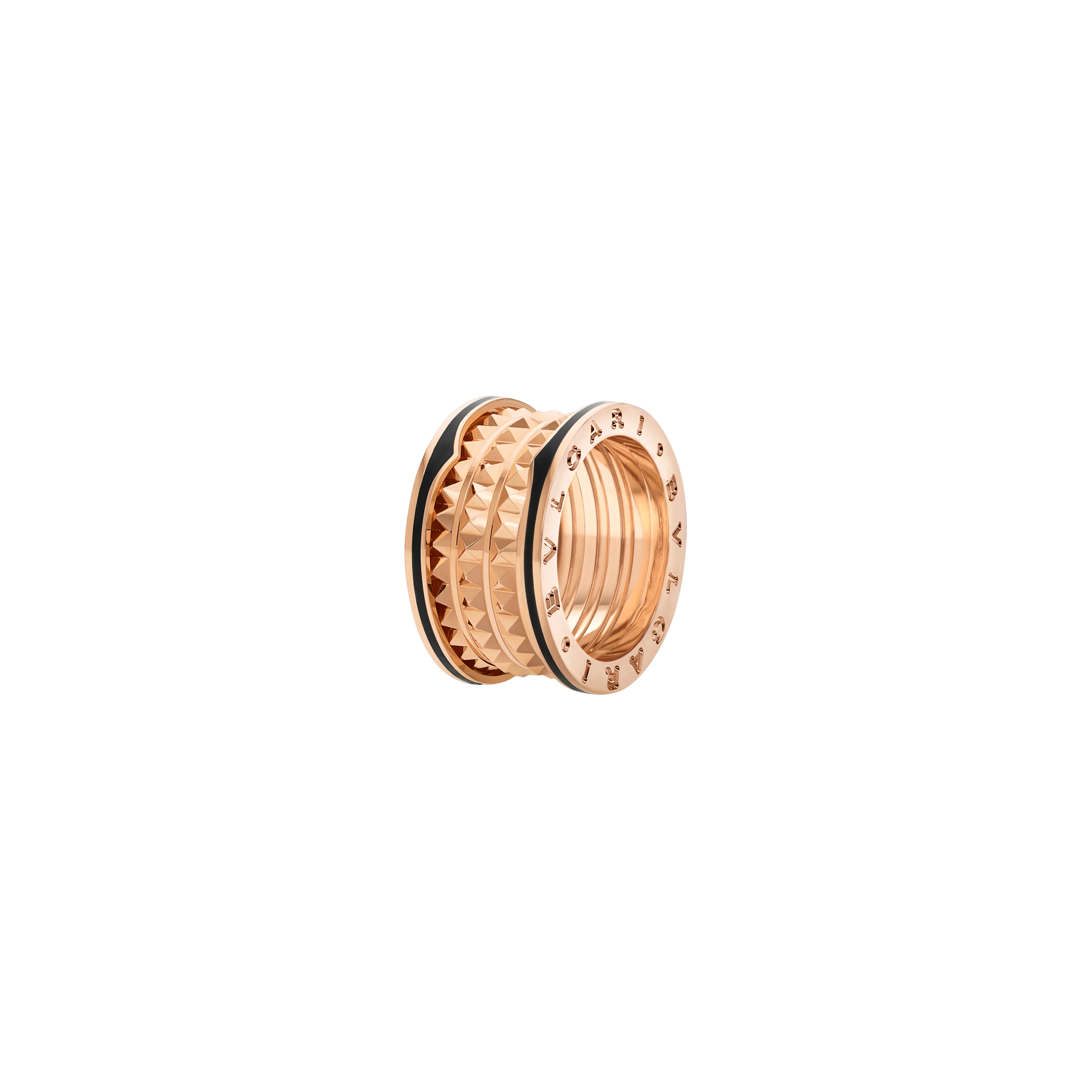 Bulgari | ANELLO B.ZERO1 ROCK A 4 FASCE IN ORO ROSA 18 KT CON PROFILI IN CERAMICA E SPIRALE CON BORCHIE - AN859089 - AN859089 (1)