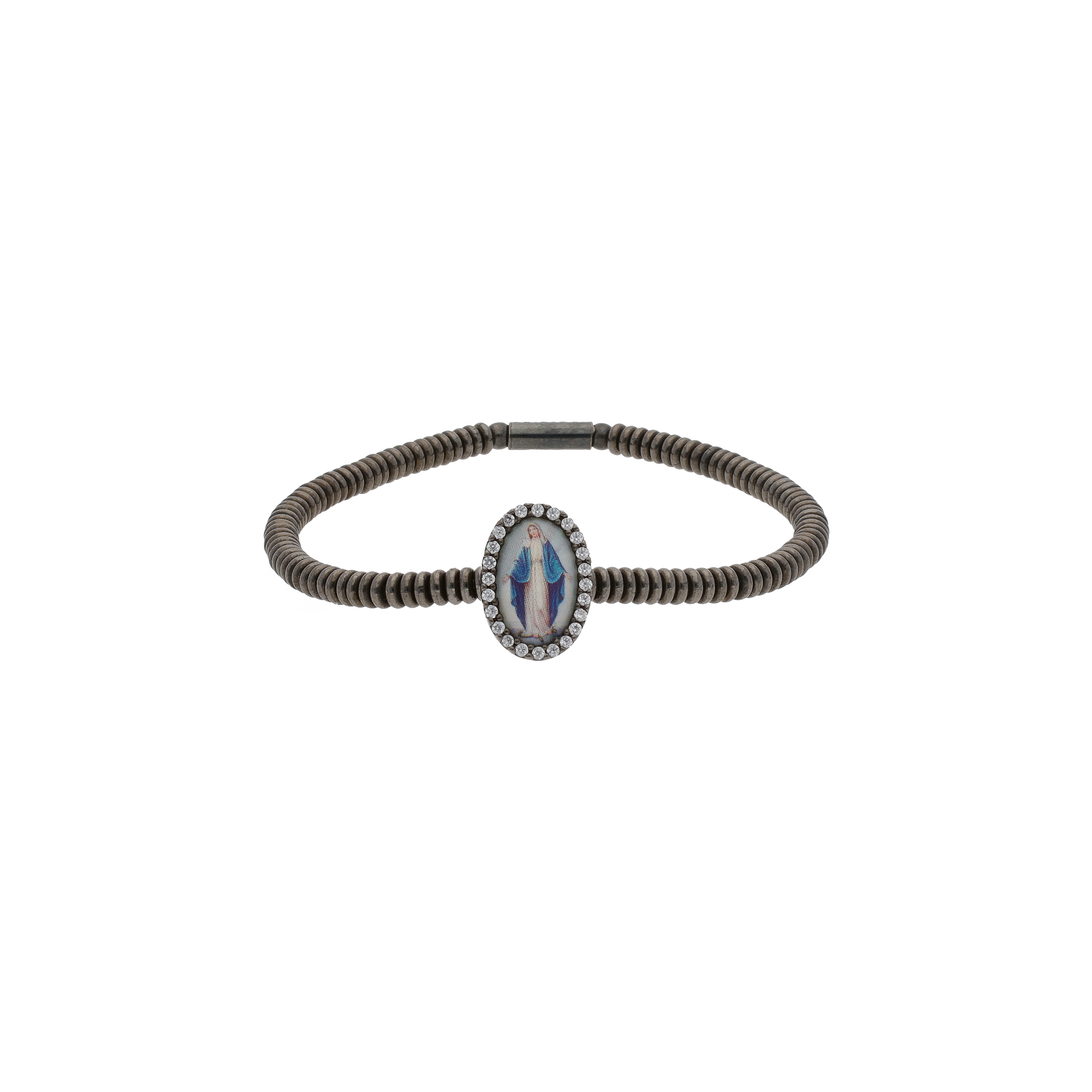 Bijoux | BRACCIALE ELASTICO IN ARGENTO BRUNITO AD ANELLINI CON IMMAGINE SACRA E ZIRCONI - BRA2418-1 (1)