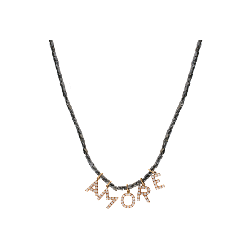 Bartorelli Italian Jewels | COLLANA IN ORO BIANCO E ORO ROSA CON FILO DI DIAMANTI NERI E LETTERE 
