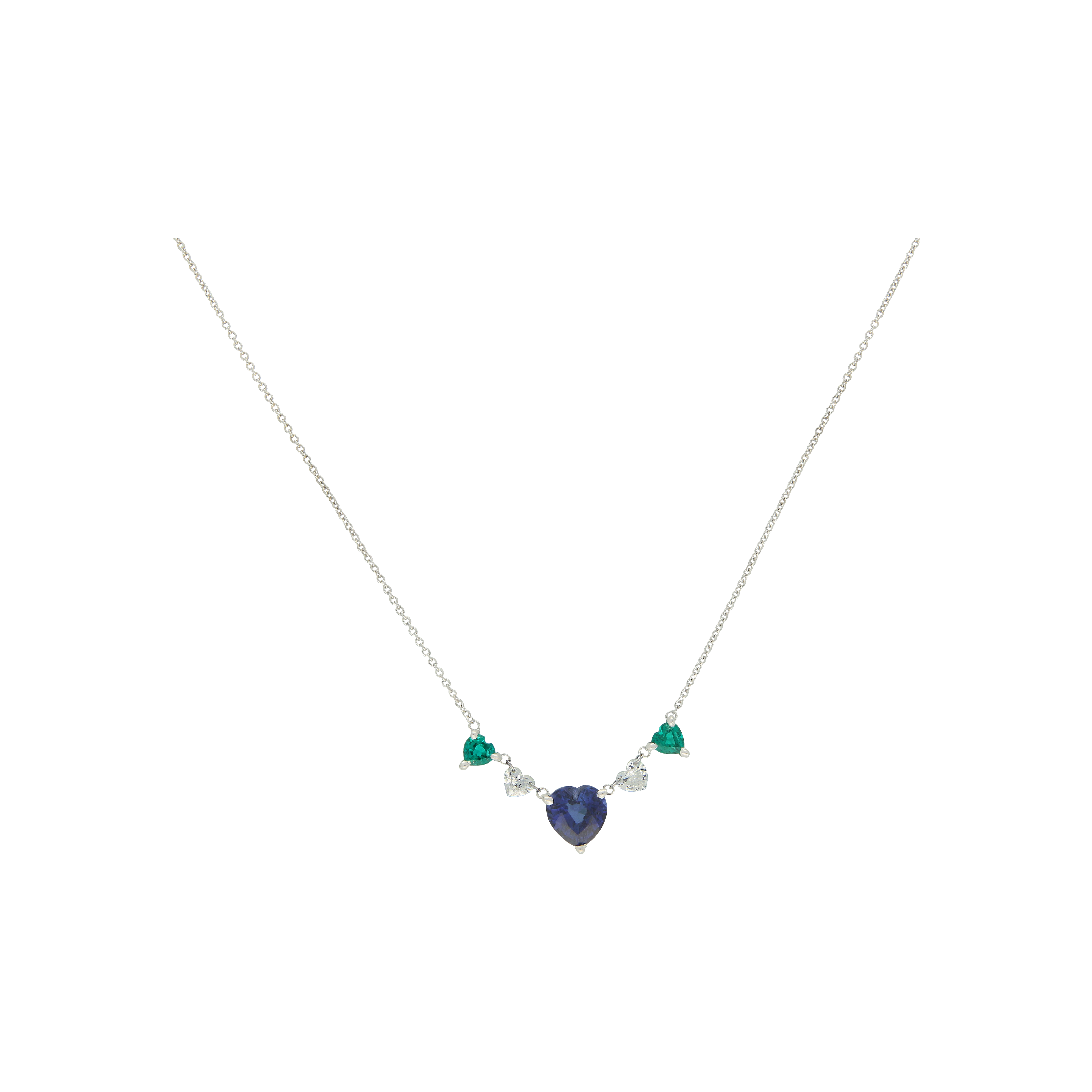 Bartorelli Italian Jewels | COLLANA IN ORO BIANCO CON CUORI DI DIAMANTI, SMERALDI E ZAFFIRO CENTRALE - C069/3/-CA (1)