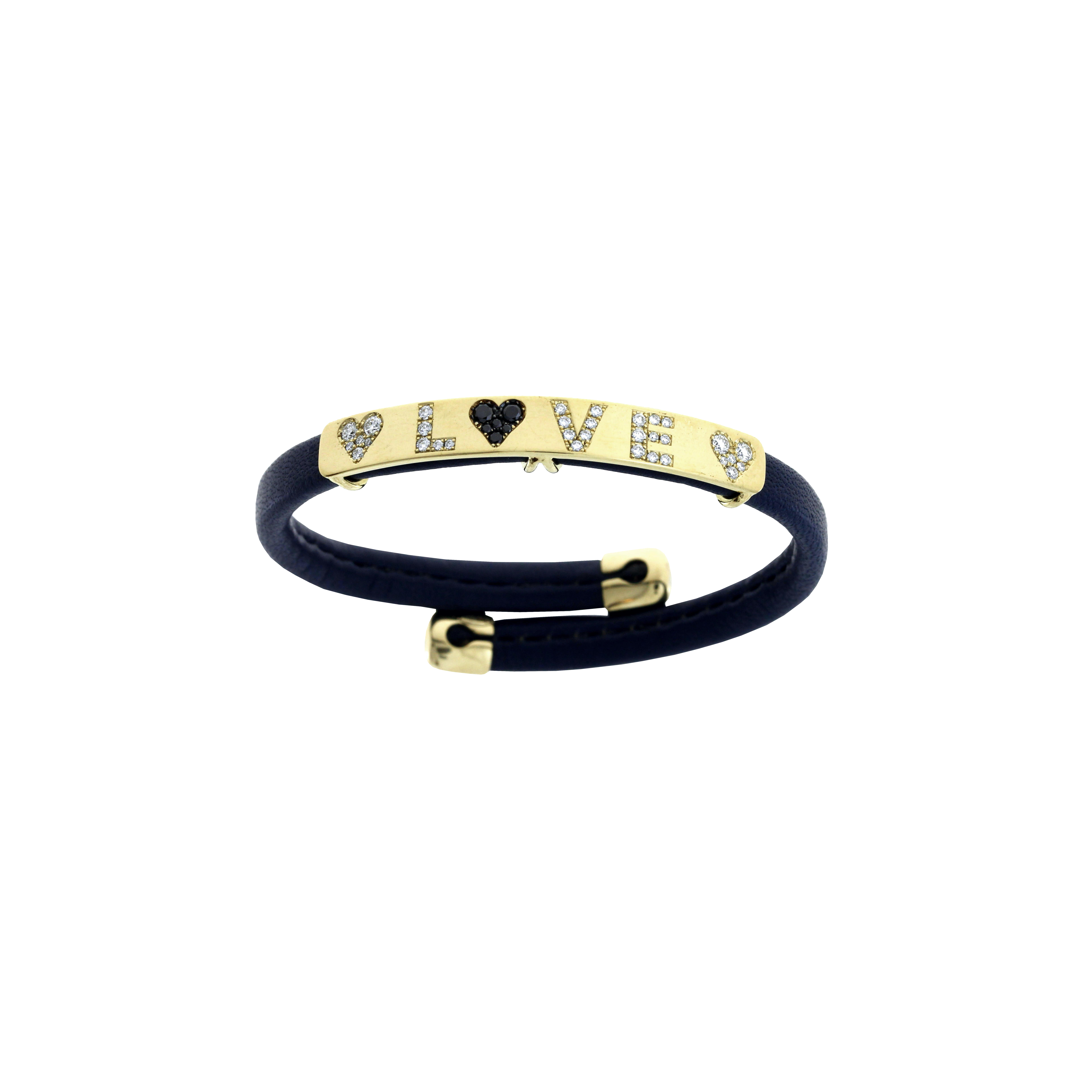 Bartorelli Italian Jewels | BRACCIALE IN PELLE NERA CON BARRETTA IN ORO GIALLO CUORI E LETTERE 