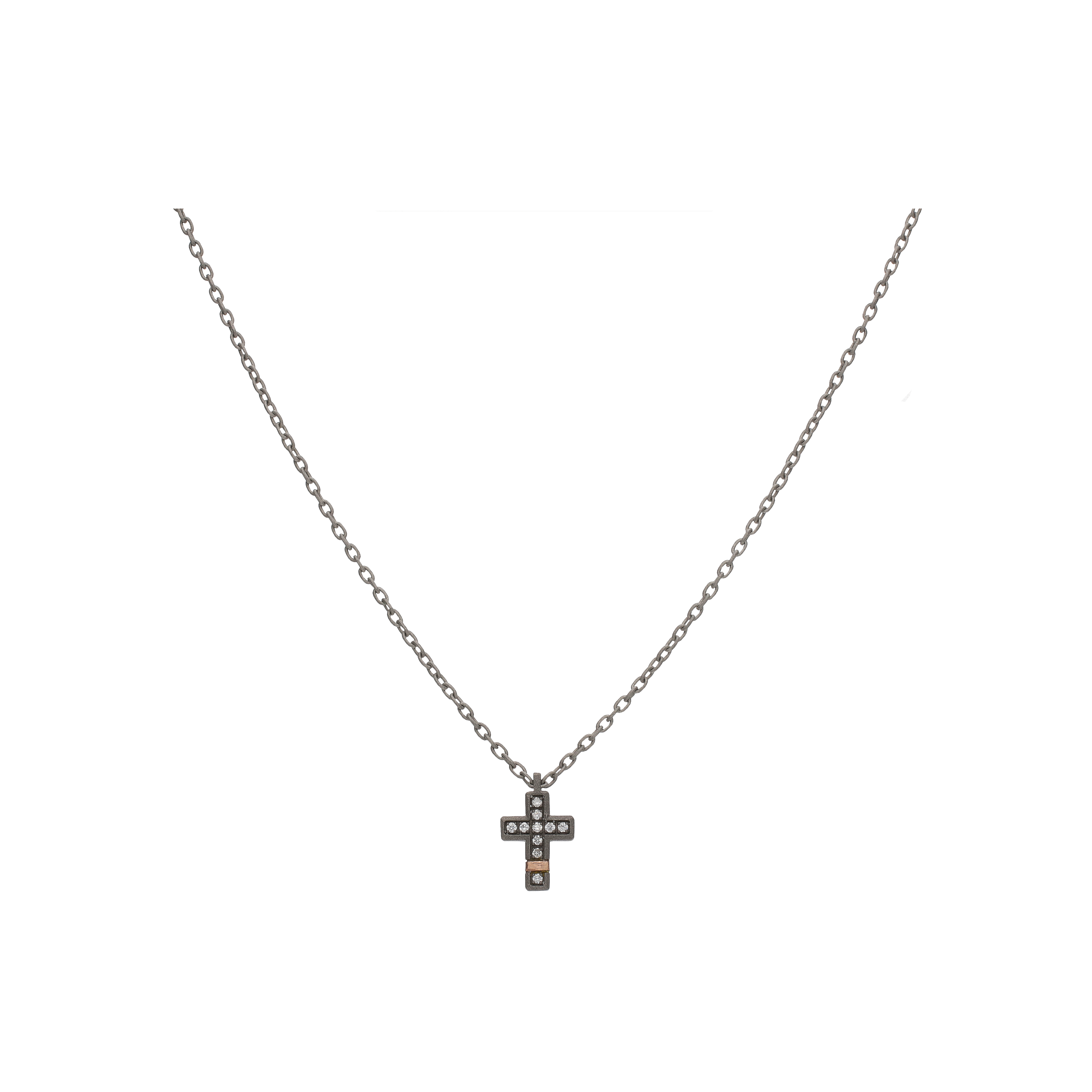 Mano | J . | COLLANA UOMO MINIMAL IN TITANIO E ORO ROSA CON CROCE PICCOLA, DIAMANTI BIANCHI E UN DIAMANTE BLACK - MINPENTWRGCROP - MINPENTWRGCROP (1)