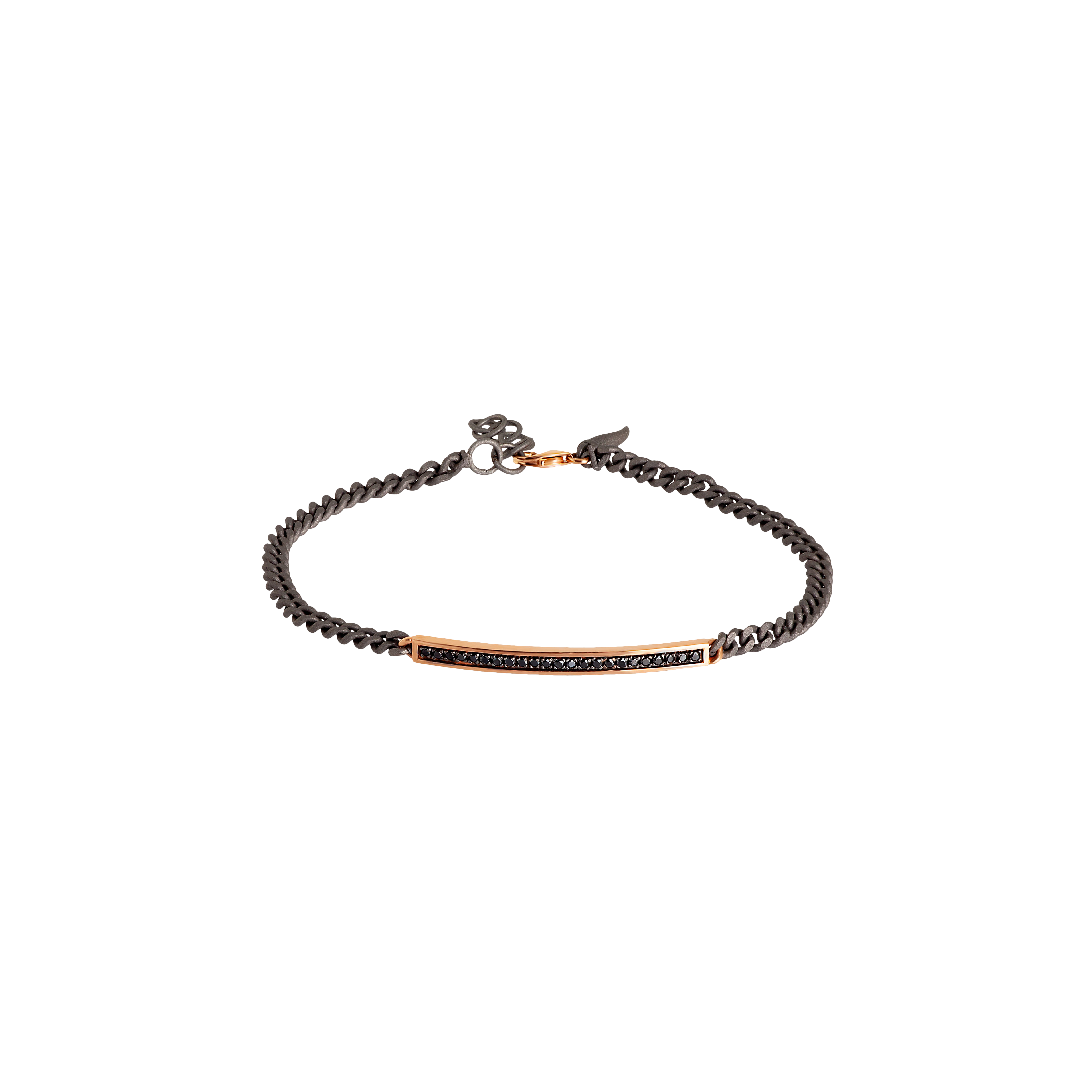 Mano | J . | BRACCIALE UOMO CATENA GROUMETTE IN TITANIO, BARRETTA IN ORO ROSSO, DIAMANTI BLACK - MINBRTRG23BBARK - MINBRTRG23BBARK (1)