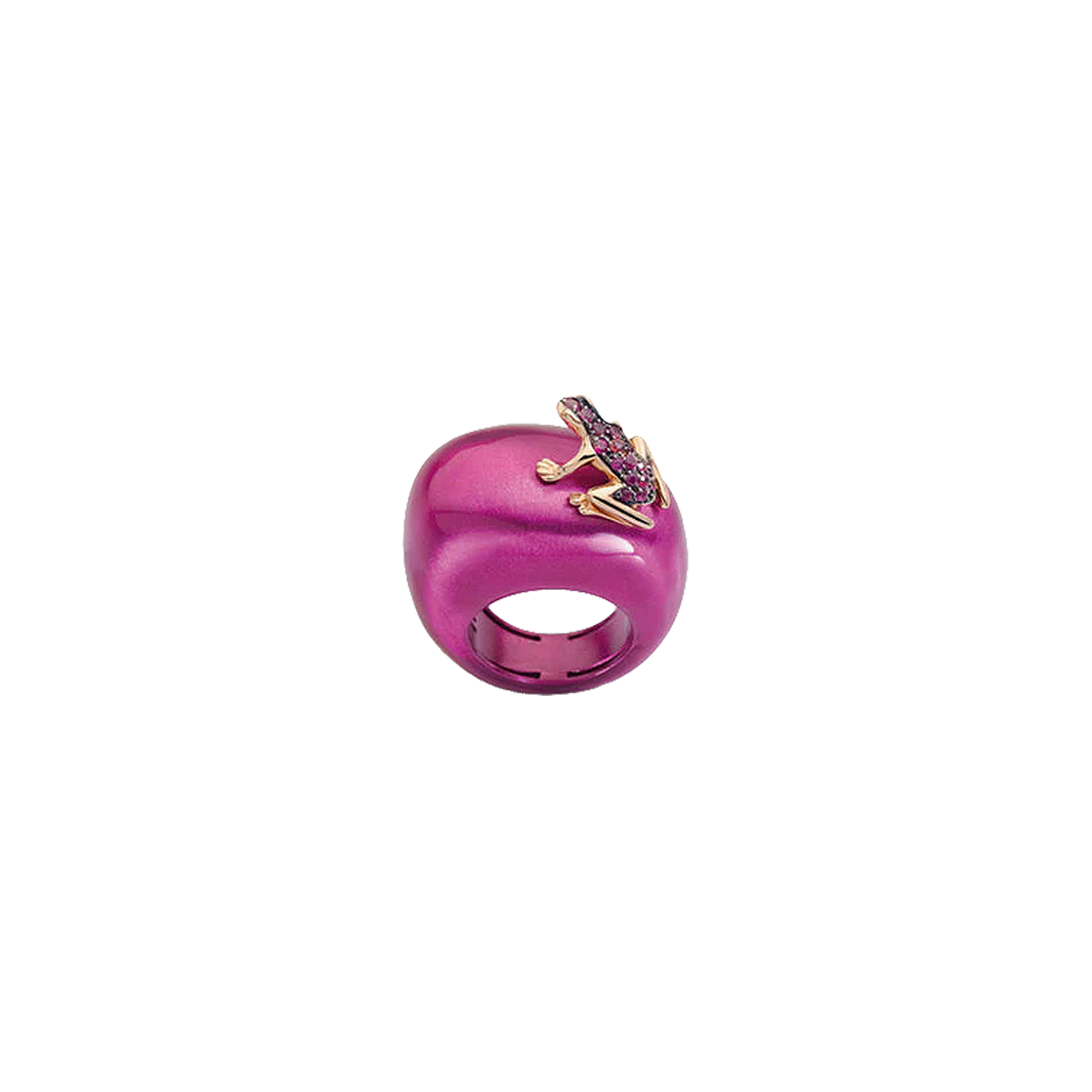 Dada Arrigoni | ANELLO HAPPY FROG CON RANA IN ORO ROSA E RUBINI SU BASE GRANDE IN CATAFORESI FUCSIA - DHF08ANAFRNRU - DHF08ANAFRNRU (1)