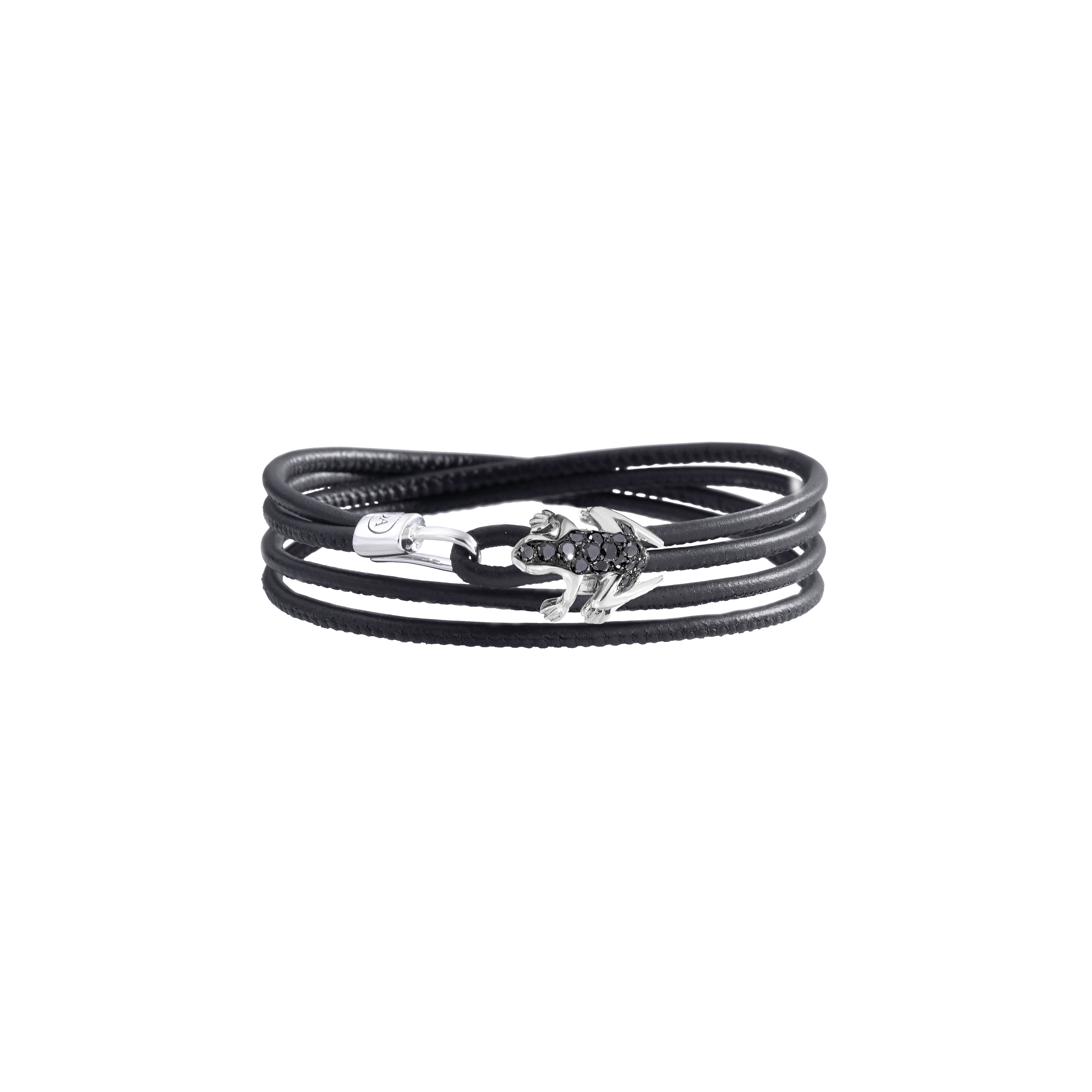 Dada Arrigoni | BRACCIALE HAPPY FROG IN PELLE  NERA, ORO BIANCO RODIATO NERO E DIAMANTI NERI - DHF12BRBNDNXN (2)
