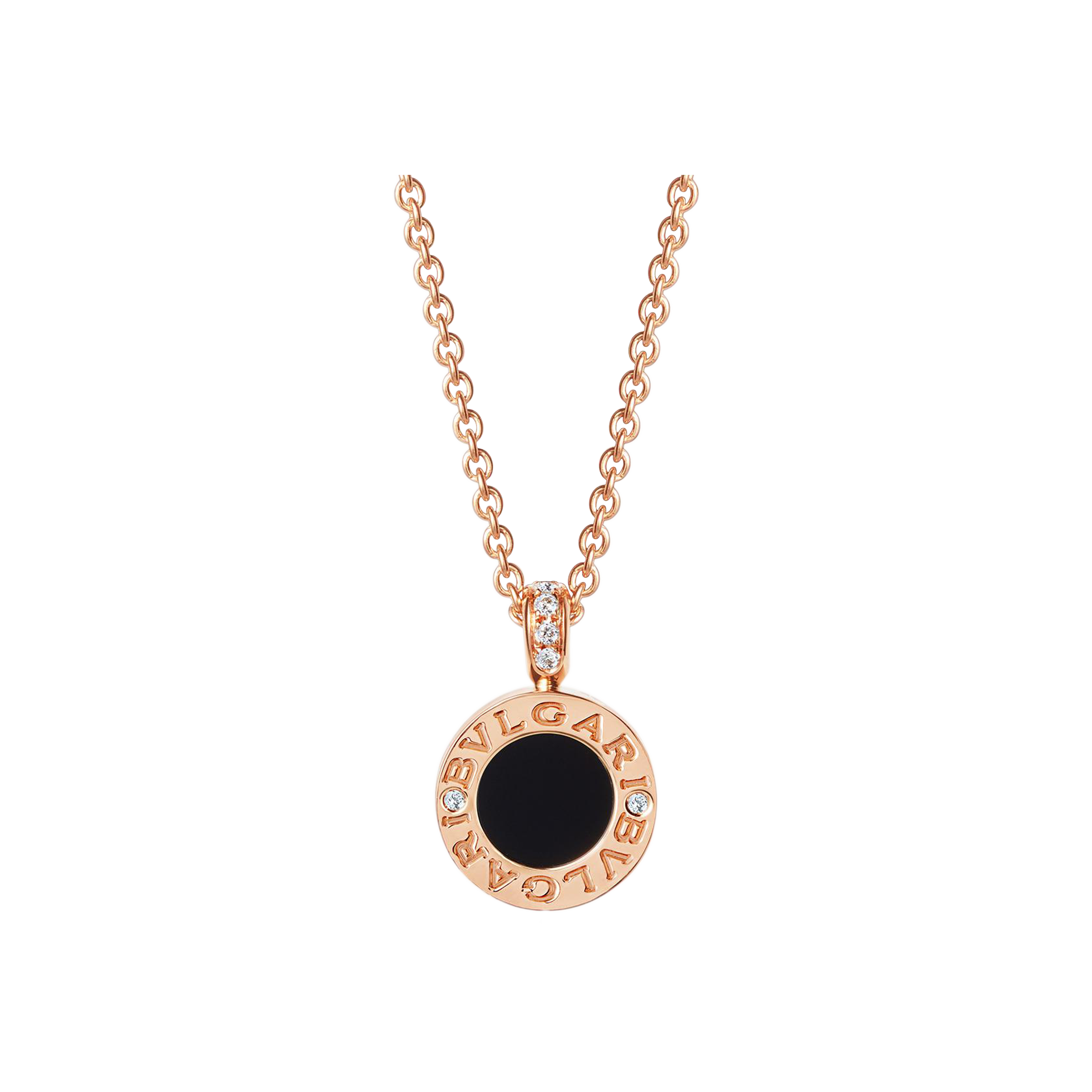 Bulgari | PENDENTE BVLGARI BVLGARI CON CATENA IN ORO ROSA 18 KT, MADREPERLA, ONICE E PAVE' DI DIAMANTI - LUNGHEZZA 39-44 CM - CL856190 (1)