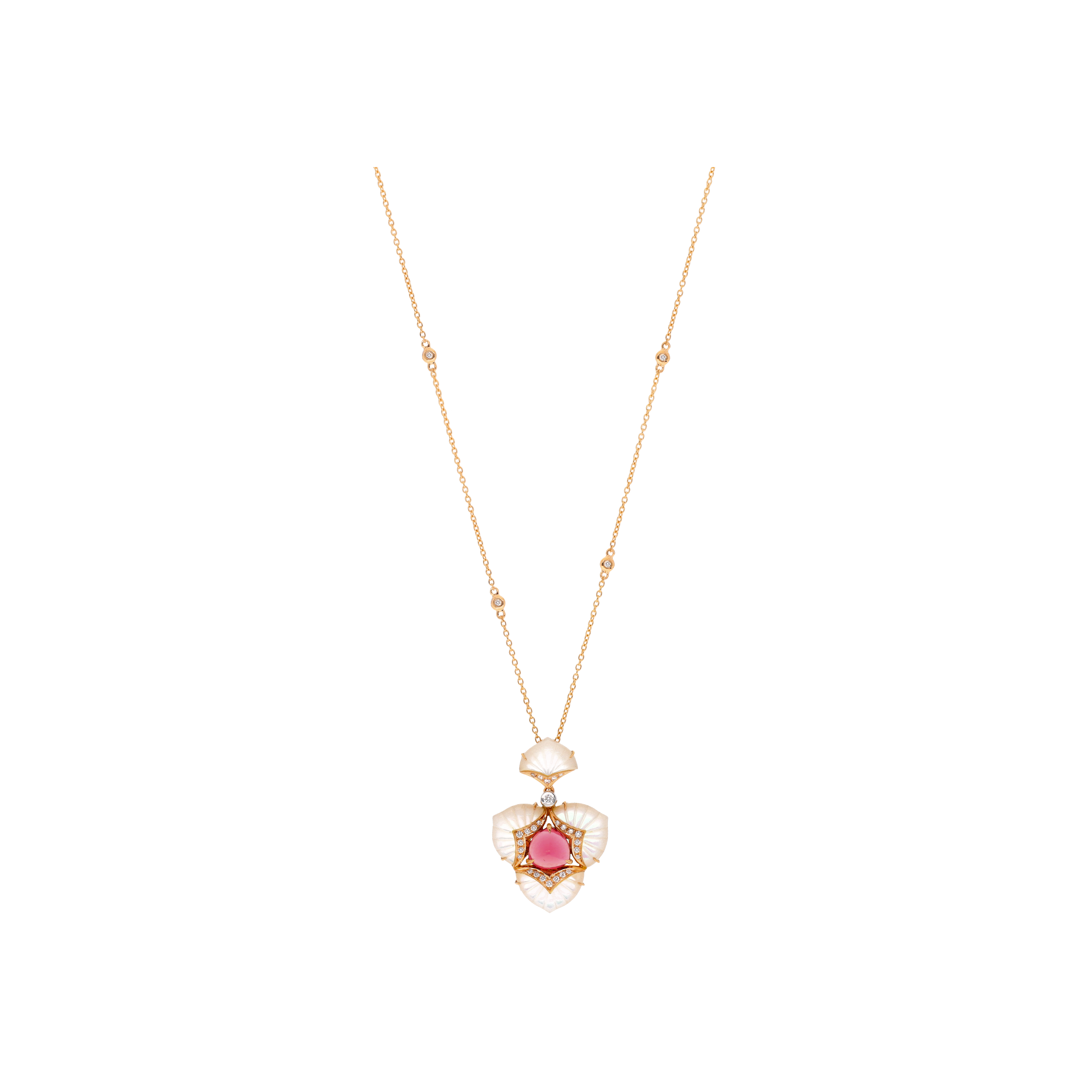 Bartorelli Italian Jewels | COLLANA FIORE PENDENTE IN ORO ROSA CON TOMALINA ROSA, DIAMANTI E MADREPERLA - QNKG04095DMPPTP (1)