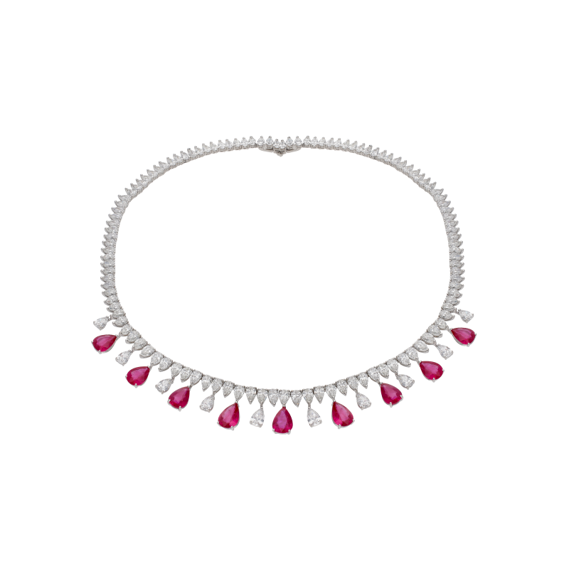 Bartorelli Italian Jewels | GIROCOLLO BARTORELLI HIGH JEWELRY RIVIERE GOCCE IN ORO BIANCO CON RUBINI PENDENTI CERTIFICATI C. DUNAIGRE E DIAMANTI - GG/ESG-V/9779 (1)